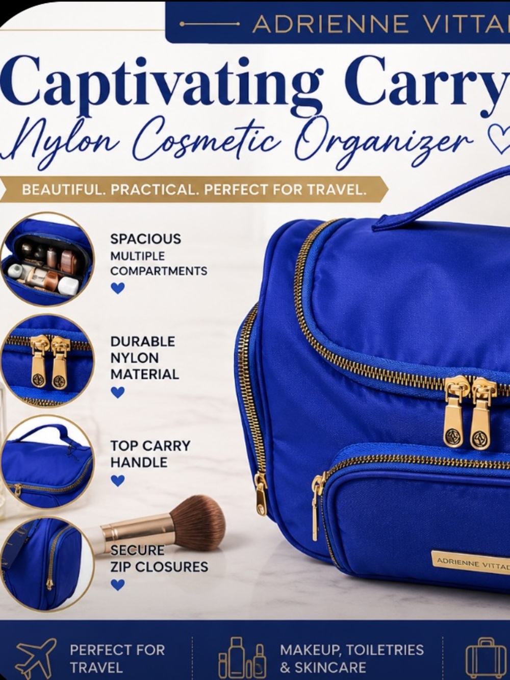 Adrienne Vittadini Nylon Cosmetic Organizer - Royal Blue with Gold Hardware